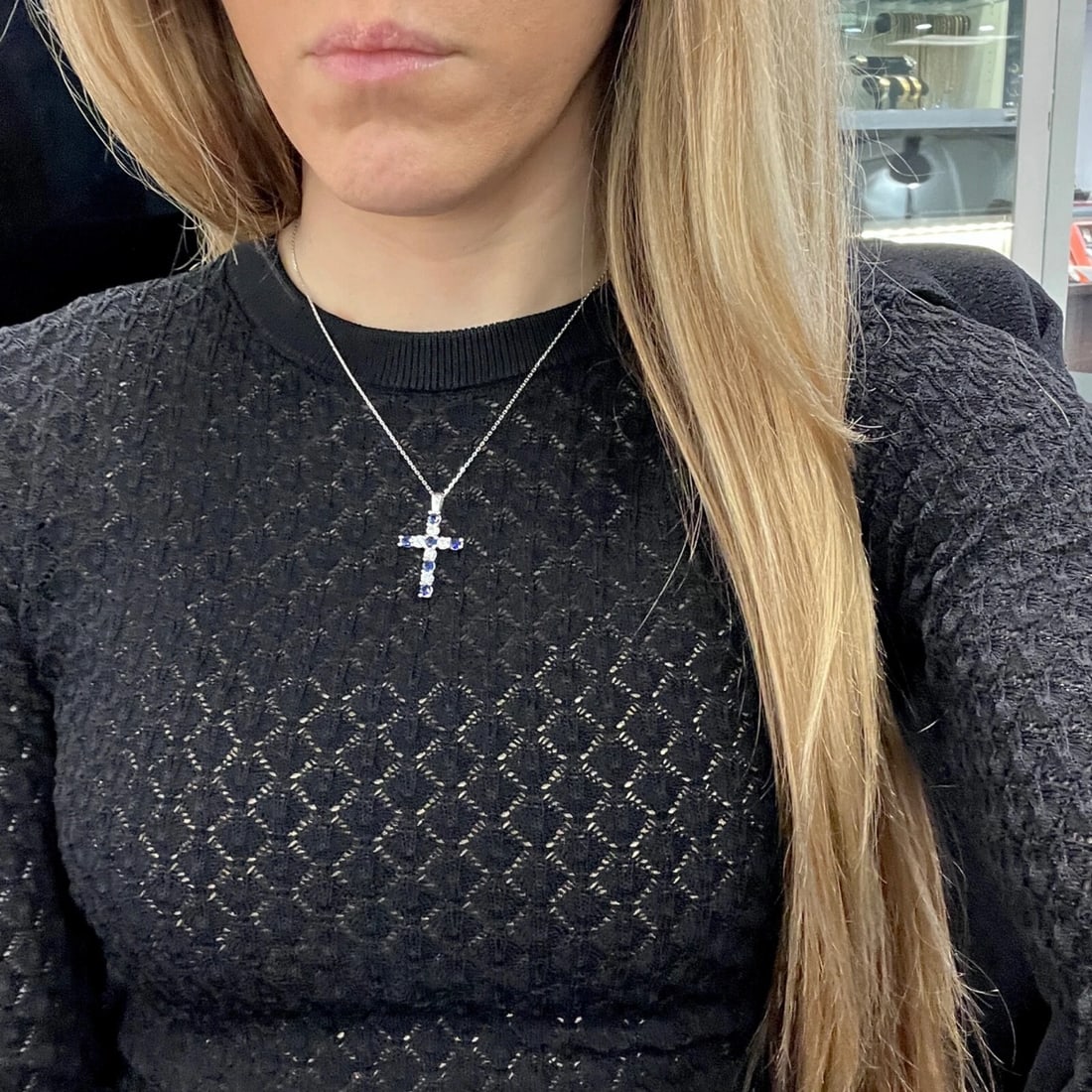 Blue Sapphire Diamond Gemstone Cross Pendant Necklace 14K White Gold, 2.15 CTW - 4