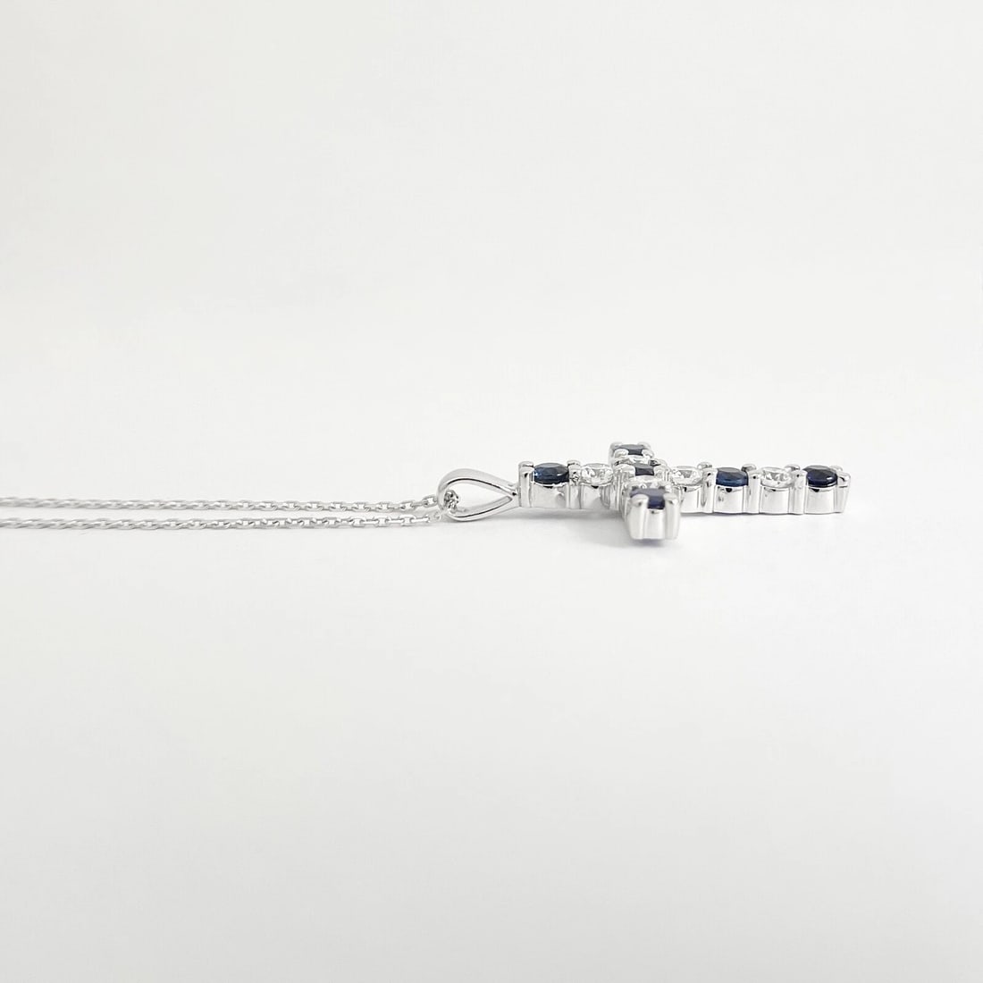 Blue Sapphire Diamond Gemstone Cross Pendant Necklace 14K White Gold, 2.15 CTW - 6