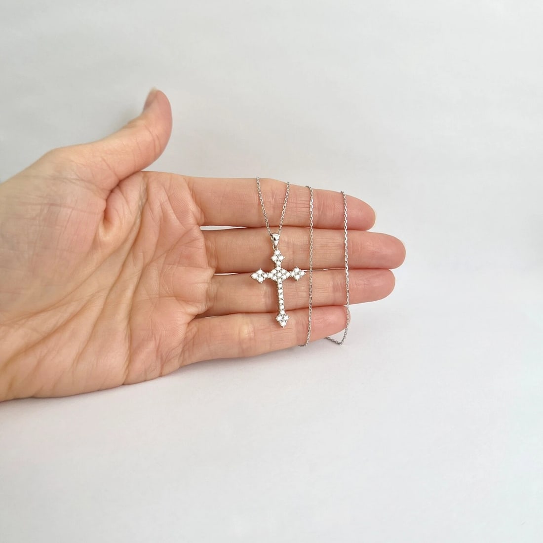 Cluster Diamond Cross Pendant Necklace 18K 14K White Gold, .75 CTW - 5