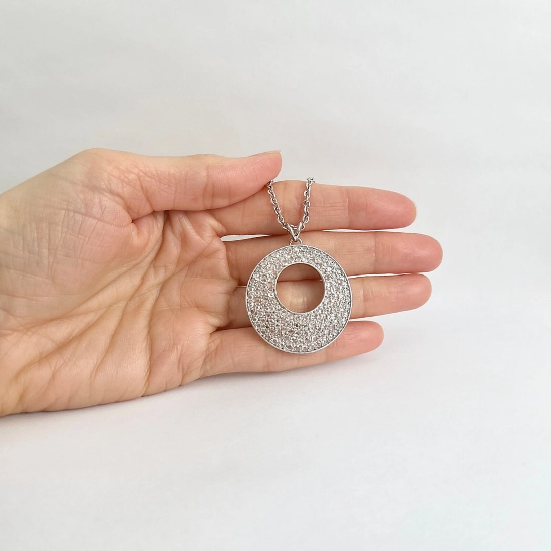 Pave Rose Cut Diamond Open Circle Pendant Necklace 18K 14K White Gold, 3.06 CTW - 3