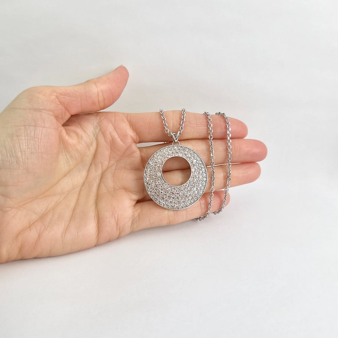 Pave Rose Cut Diamond Open Circle Pendant Necklace 18K 14K White Gold, 3.06 CTW - 5
