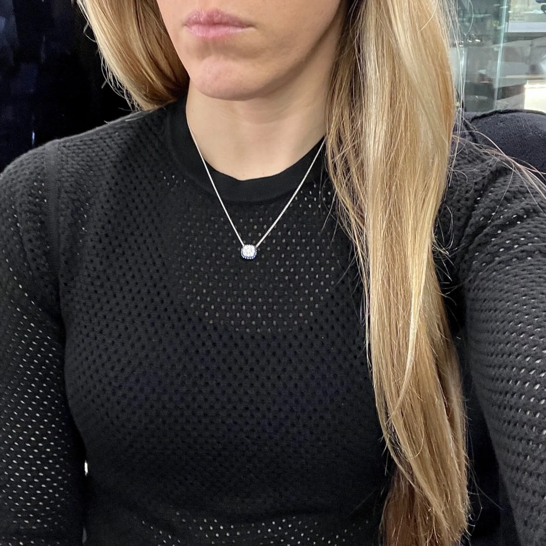 Cluster Diamond Sapphire Cushion Halo Pendant Necklace 14K White Gold, .87 CTW - 4