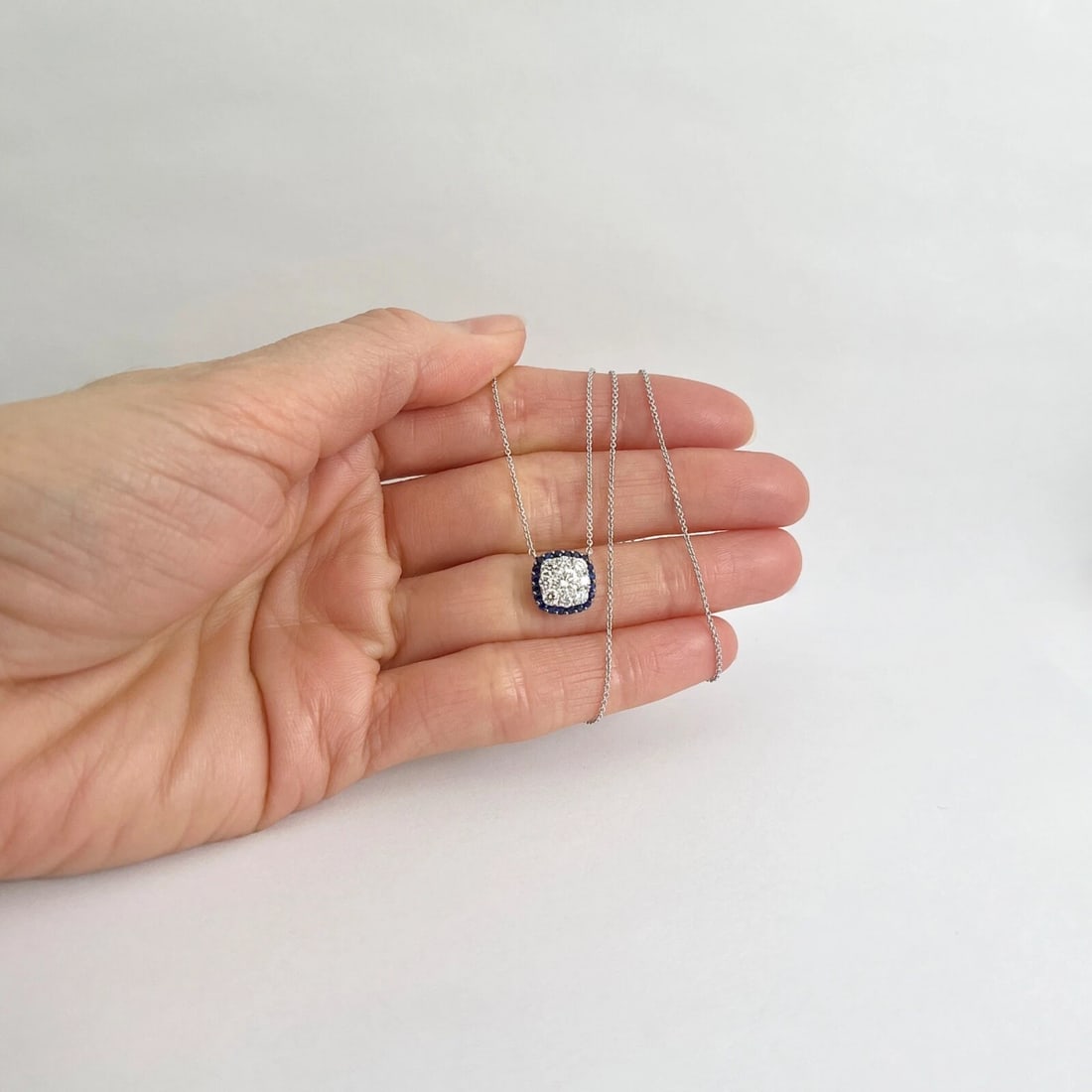 Cluster Diamond Sapphire Cushion Halo Pendant Necklace 14K White Gold, .87 CTW - 5