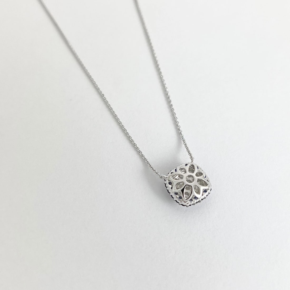 Cluster Diamond Sapphire Cushion Halo Pendant Necklace 14K White Gold, .87 CTW - 7