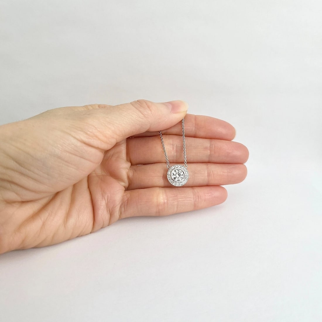 Round Diamond Bezel Halo Milgrain Pendant Necklace 14K White Gold, 1.04 CTW - 5