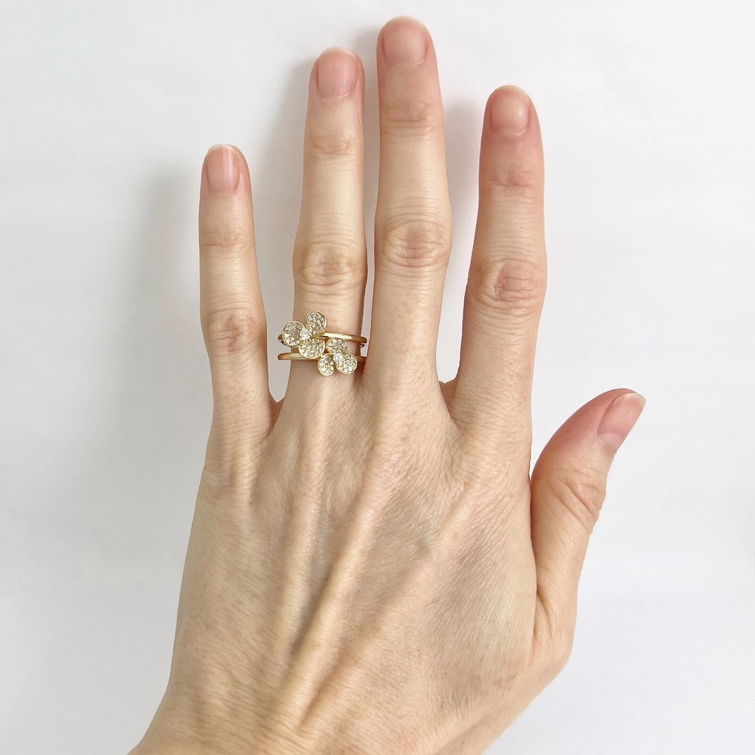 Pave Diamond Flower Floral Split Shank Statement Ring 14K Yellow Gold, .45 CTW - 3