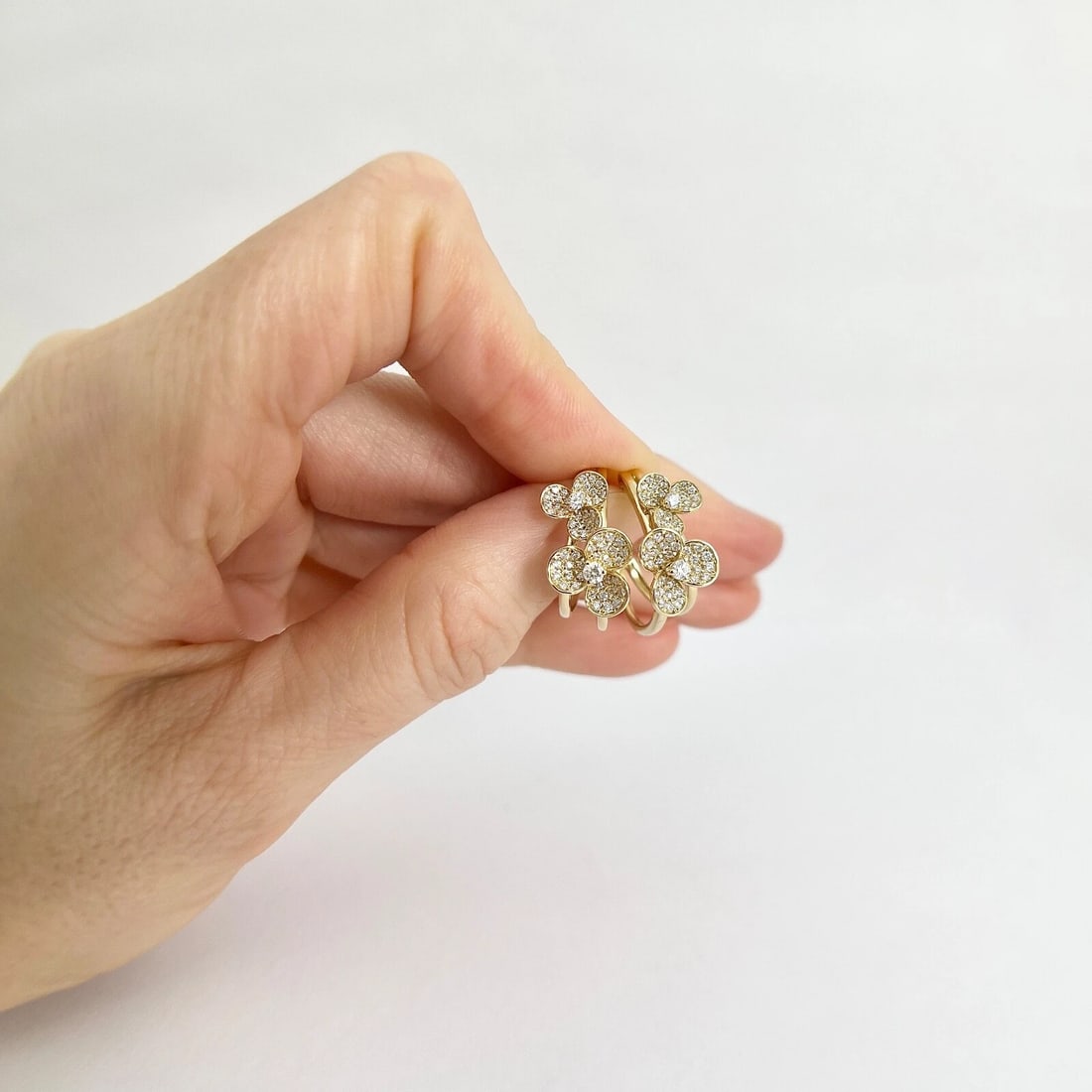 Pave Diamond Flower Floral Drop Hoop Earrings 14K Yellow Gold .65 CTW - 3