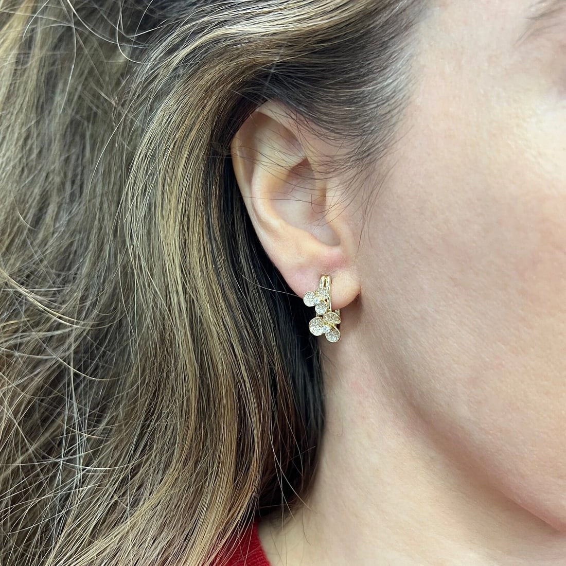 Pave Diamond Flower Floral Drop Hoop Earrings 14K Yellow Gold .65 CTW - 4