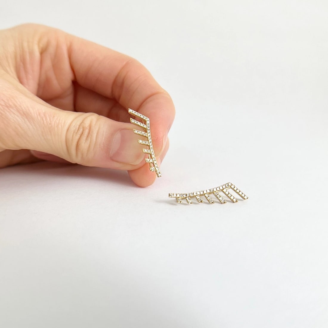 Curved Diamond Lashes Crawler Climber Stud Earrings 14K Yellow Gold .30 CTW - 3