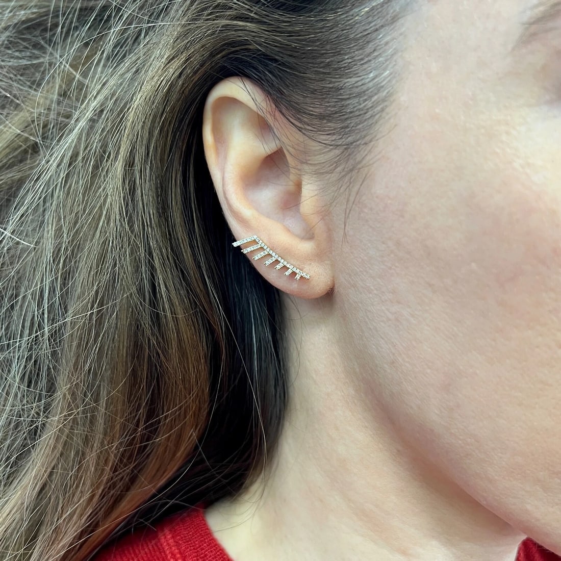 Curved Diamond Lashes Crawler Climber Stud Earrings 14K Yellow Gold .30 CTW - 4