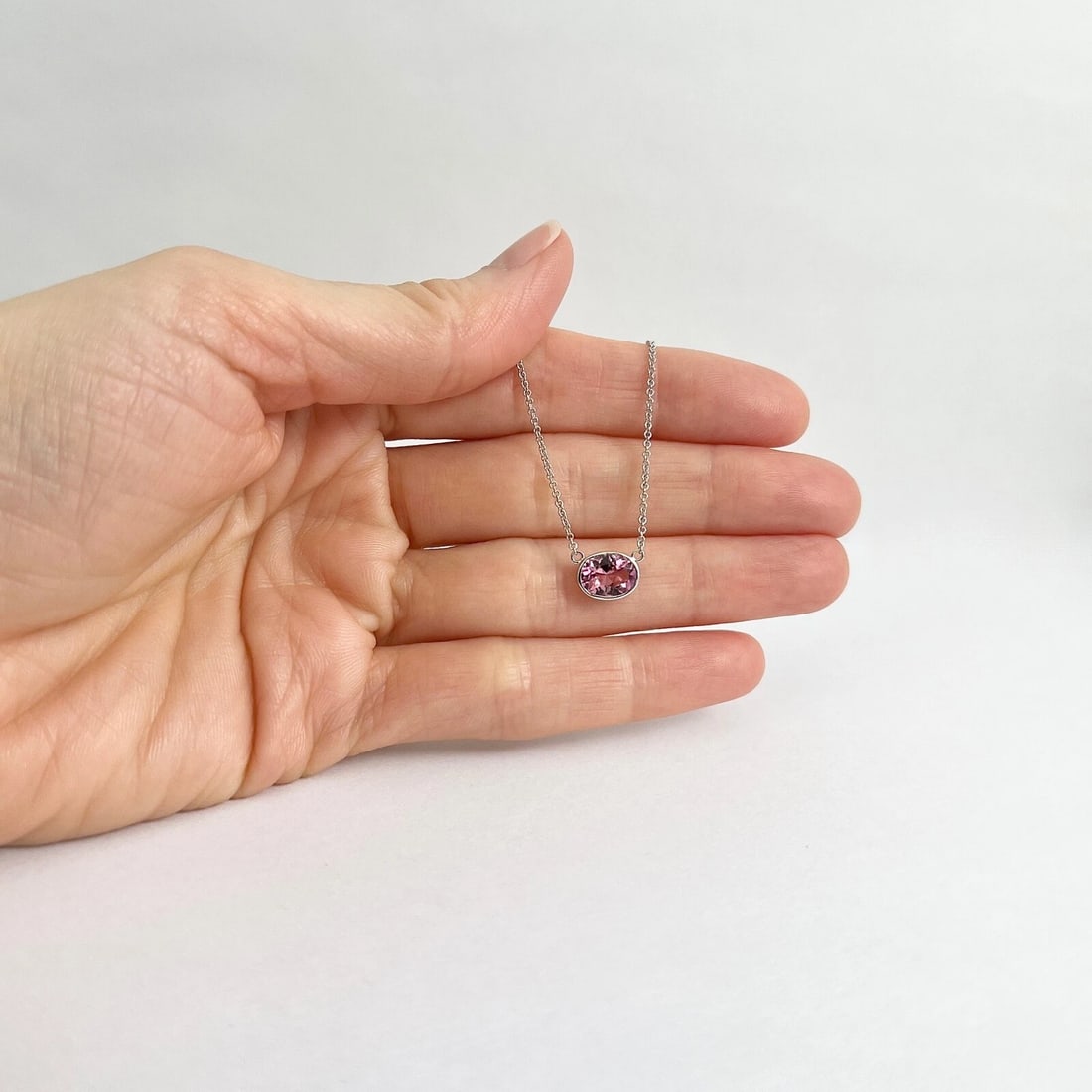 Oval Pink Tourmaline Gemstone Solitaire Pendant Necklace 14K White Gold 1.14 CT - 4