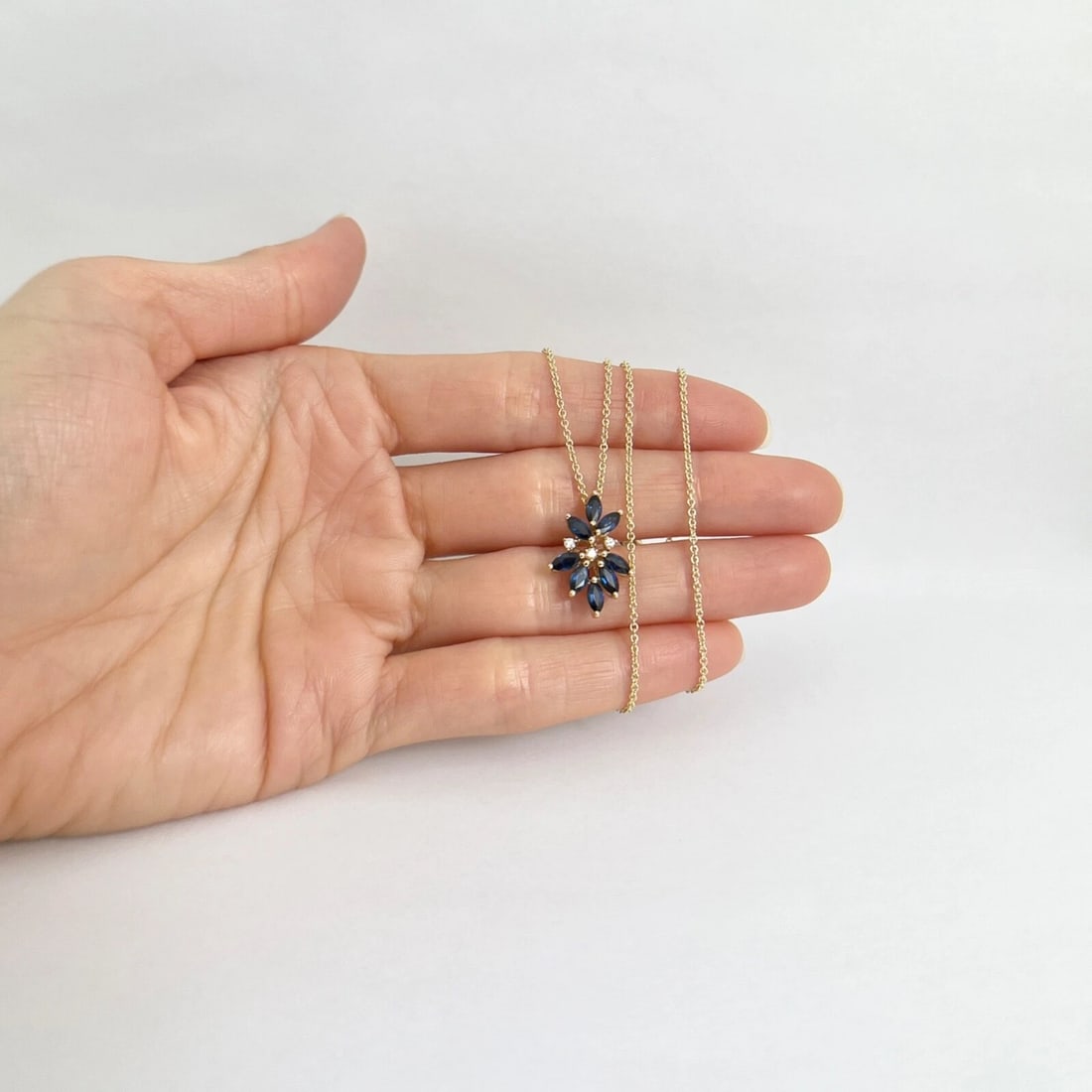 Marquise Blue Sapphire Diamond Cluster Pendant Necklace 14K Yellow Gold 1.15 CTW - 3