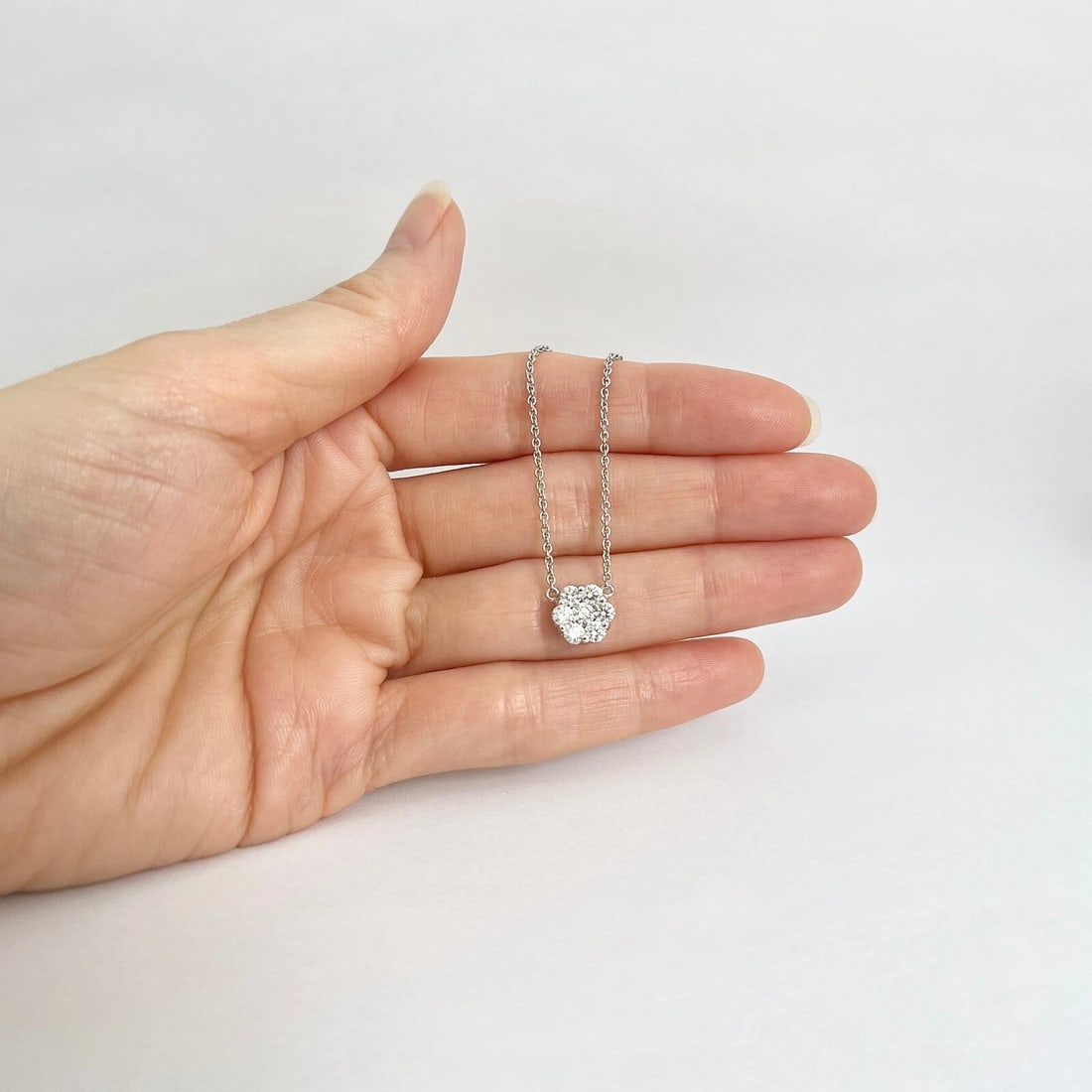 Round Cluster Flower Diamond Pendant Necklace 14K White Gold .70 CTW - 4