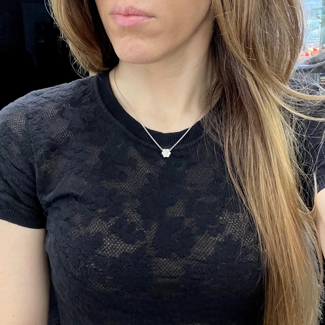 Round Cluster Flower Diamond Pendant Necklace 14K White Gold .70 CTW - 5