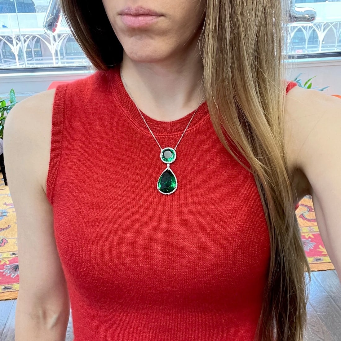 Green Topaz Diamond Halo Teardrop Pendant Necklace 14K White Gold 32.84 CTW - 4