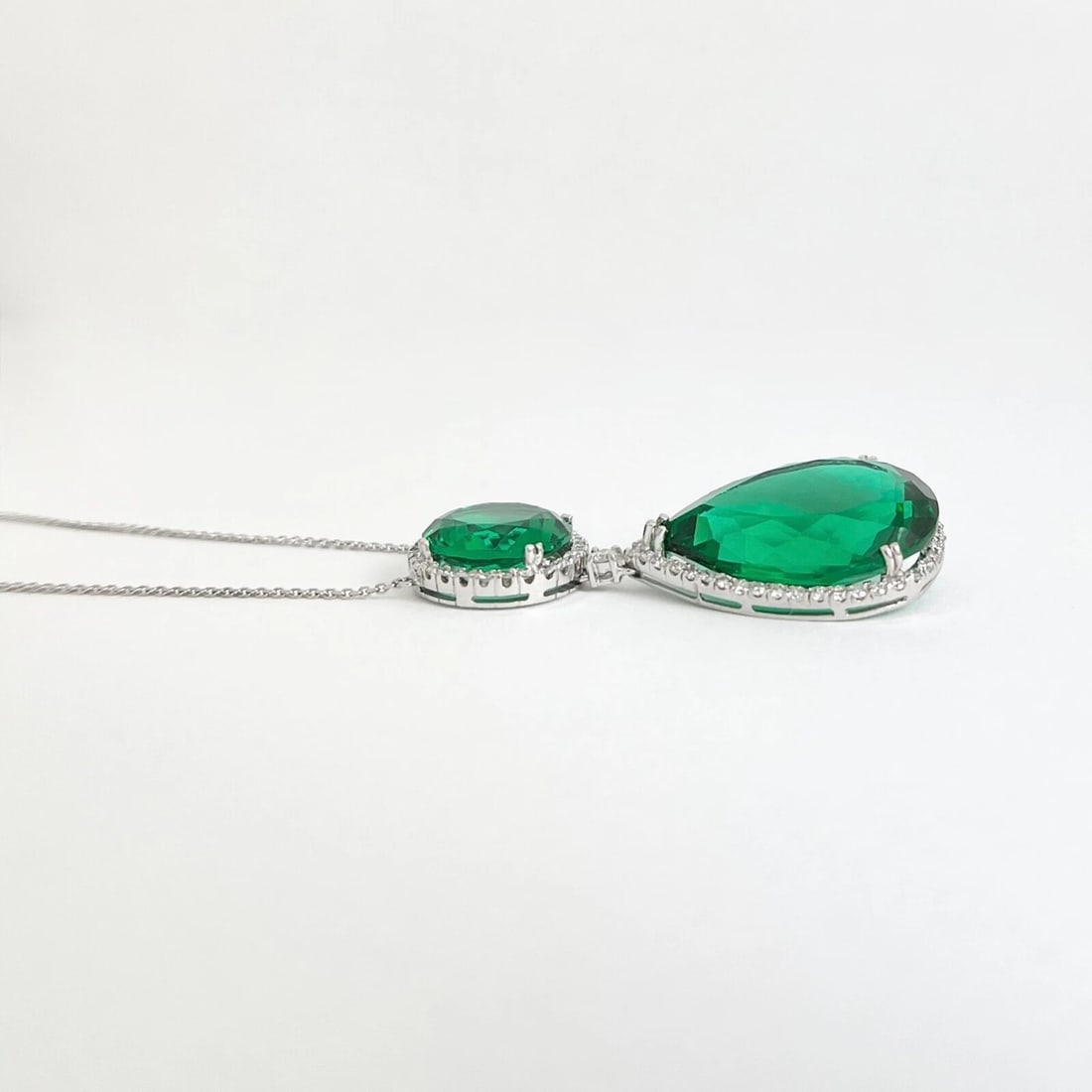 Green Topaz Diamond Halo Teardrop Pendant Necklace 14K White Gold 32.84 CTW - 6