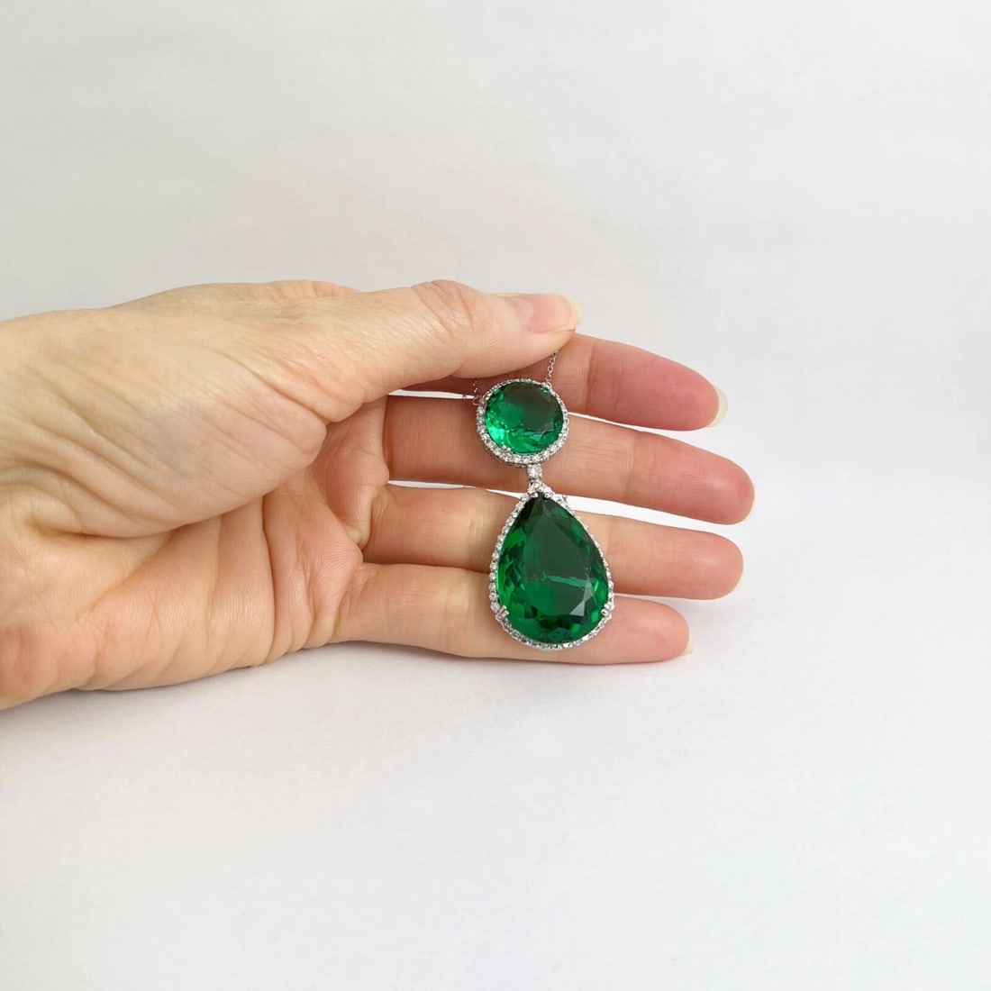 Green Topaz Diamond Halo Teardrop Pendant Necklace 14K White Gold 32.84 CTW - 8