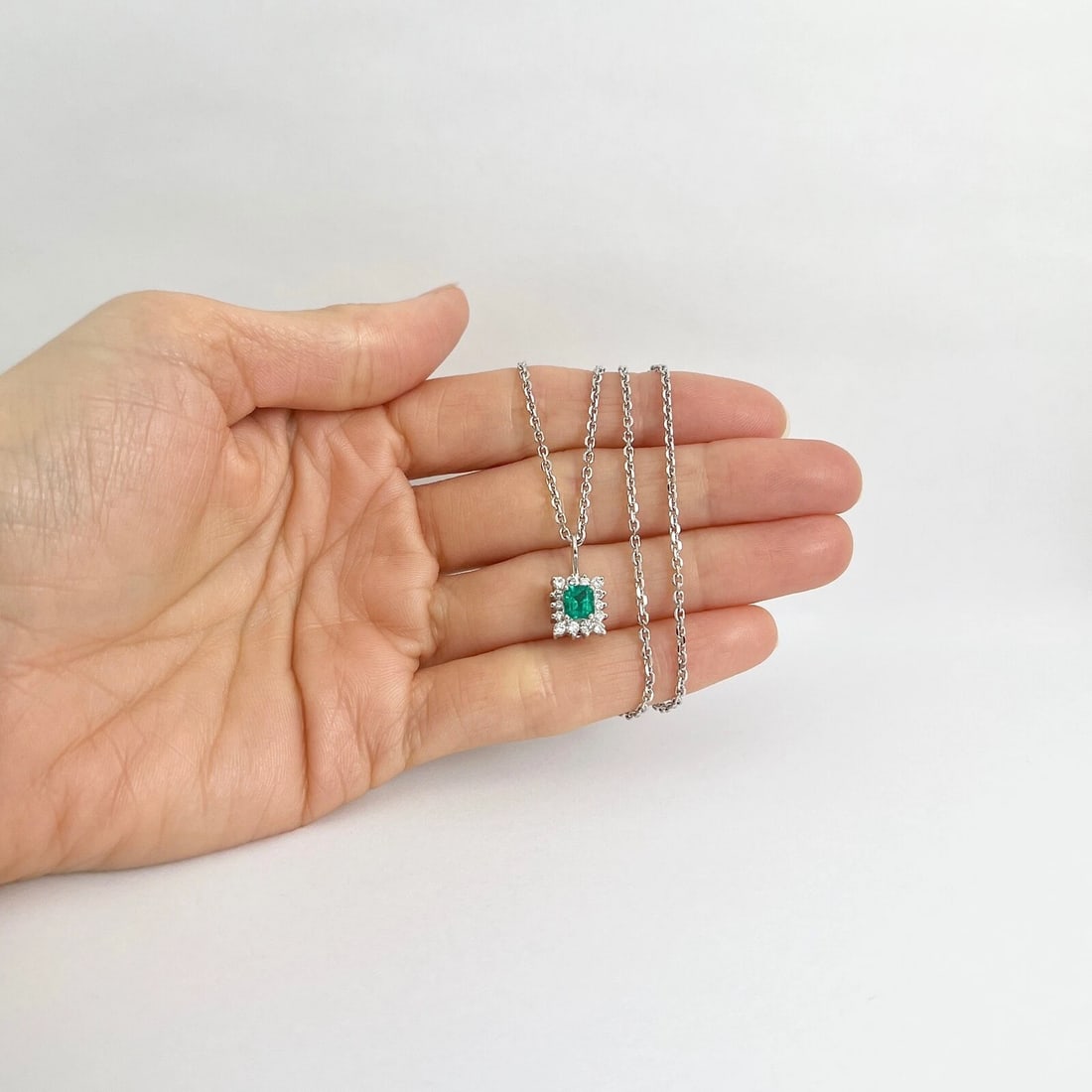 Green Emerald Diamond Halo Gemstone Pendant Necklace 14K White Gold .75 CTW - 3