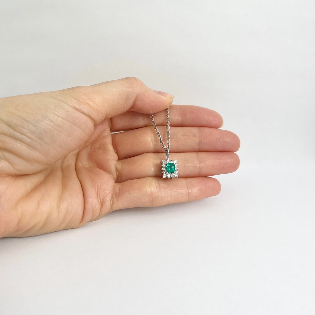 Green Emerald Diamond Halo Gemstone Pendant Necklace 14K White Gold .75 CTW - 5