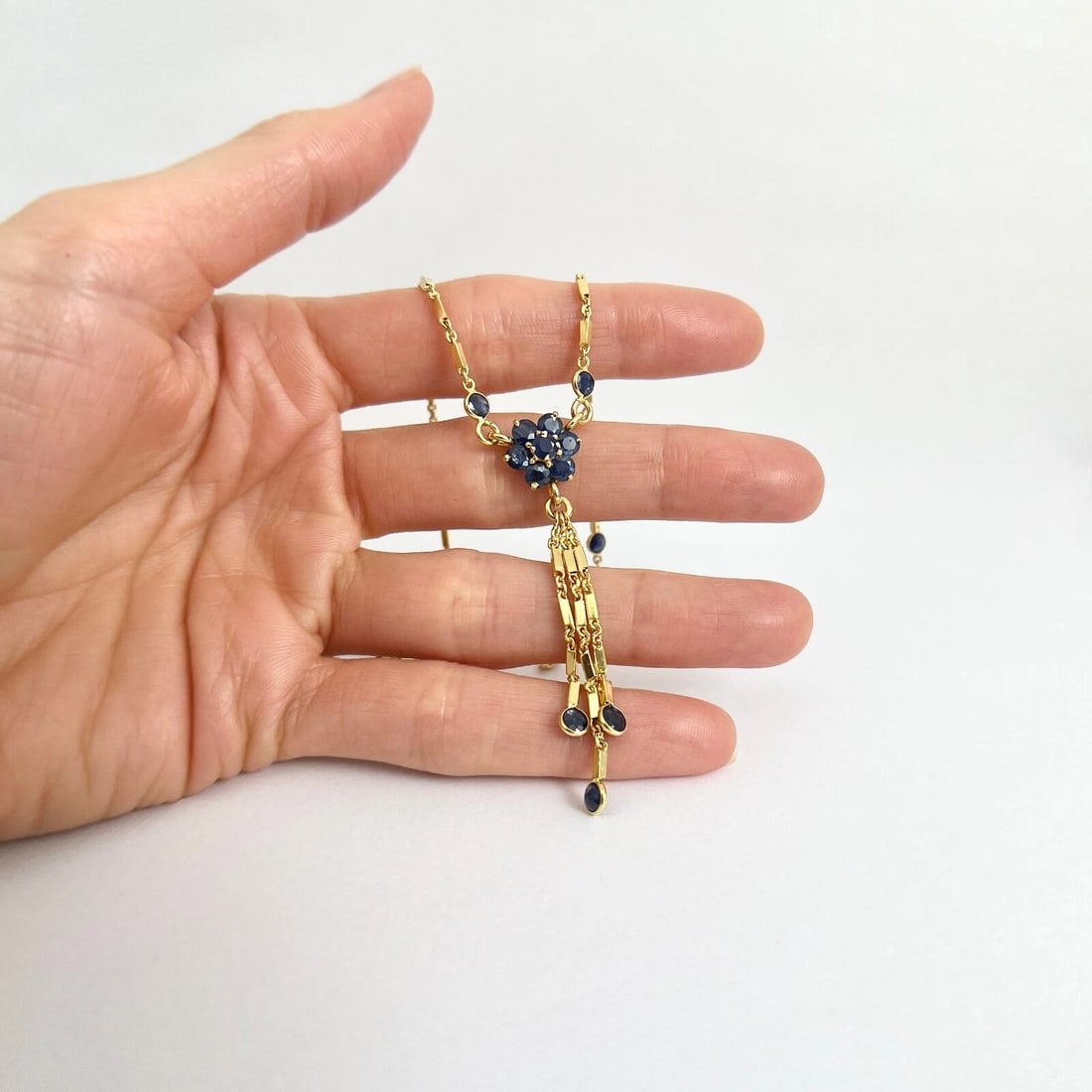 Blue Sapphire Flower Gemstone Lariat Tassel Necklace 12K Yellow Gold, 3.28 CTW - 3