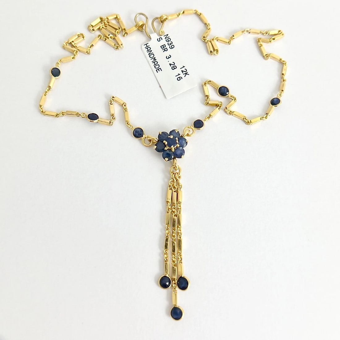 Blue Sapphire Flower Gemstone Lariat Tassel Necklace 12K Yellow Gold, 3.28 CTW - 6