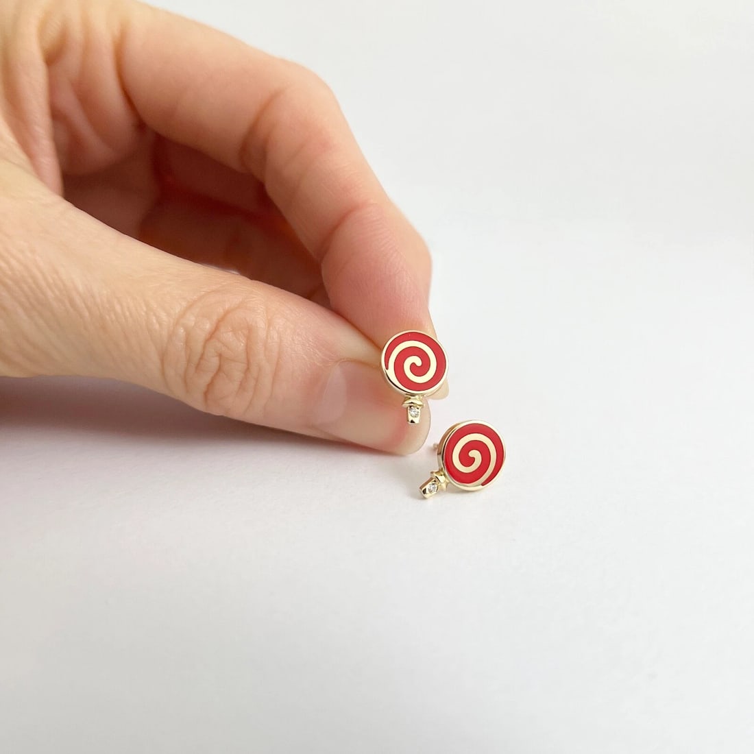 Red Enamel Swirl Lollipop Diamond Stud Earrings 14K Yellow Gold .02 CTW - 3