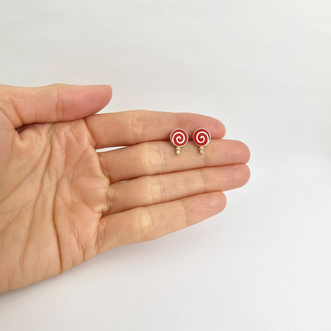 Red Enamel Swirl Lollipop Diamond Stud Earrings 14K Yellow Gold .02 CTW - 5