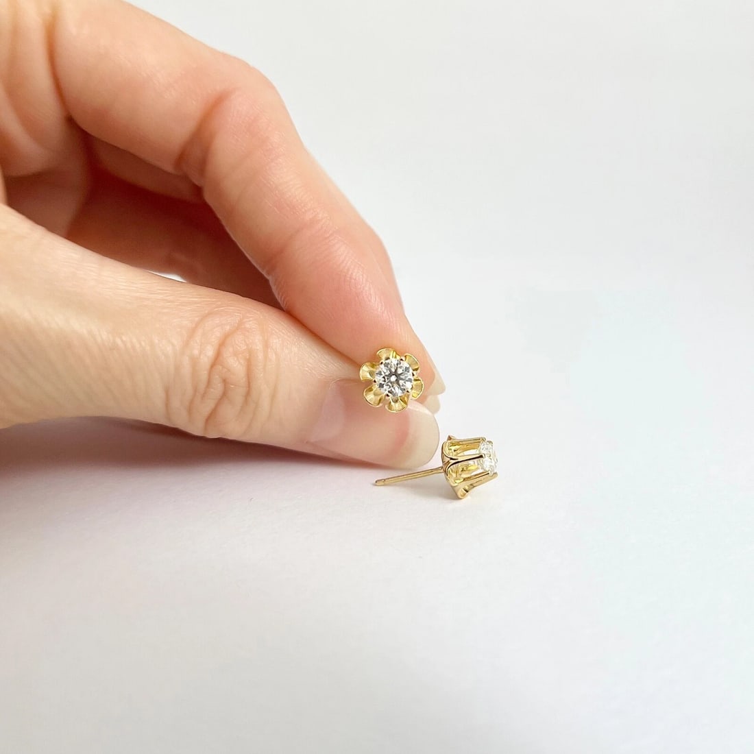 Round Diamond Buttercup Stud Earrings 14K Yellow Gold, .70 CTW - 6