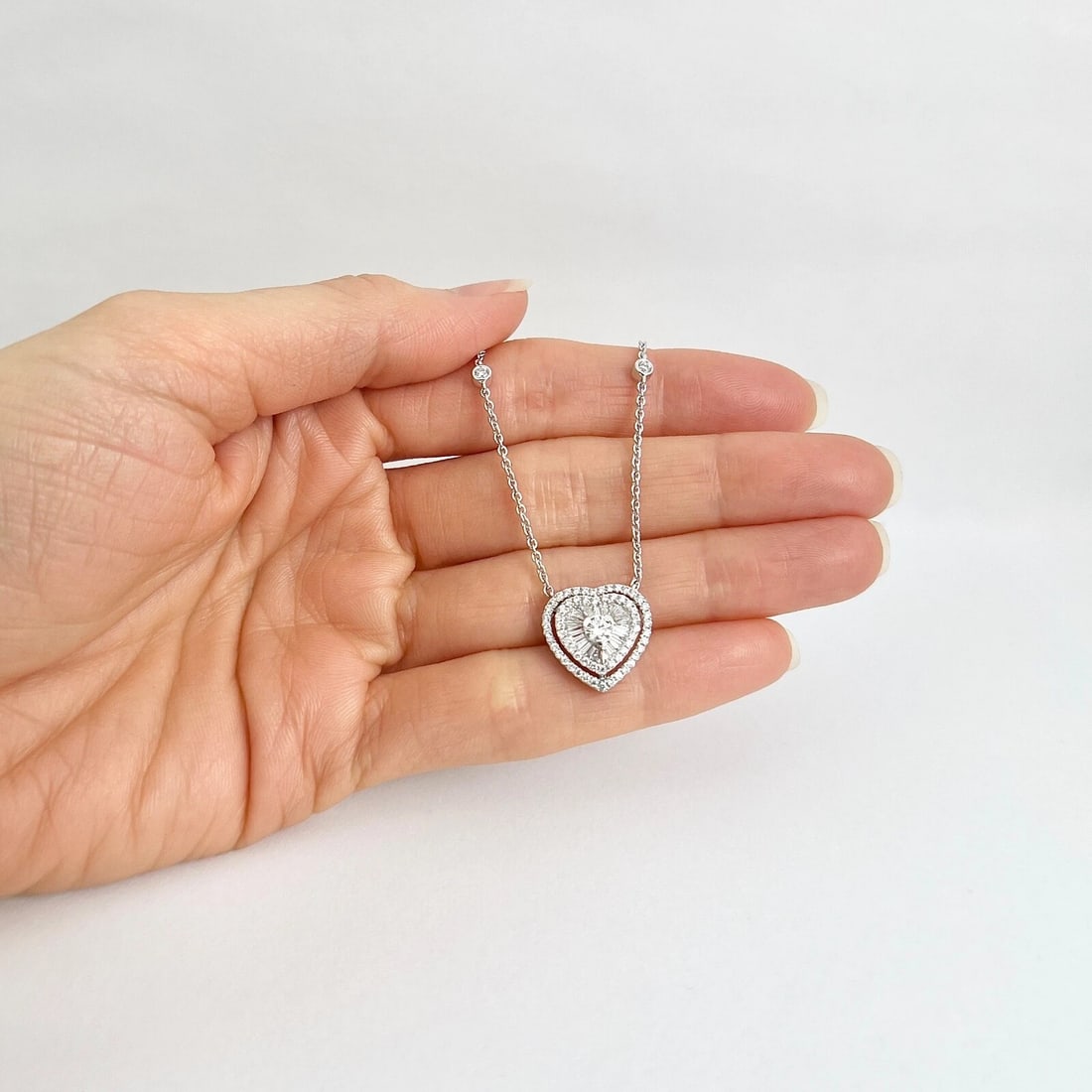 Italian Baguette Diamond Halo Heart Pendant Necklace 18K White Gold, 1.87 CTW - 3