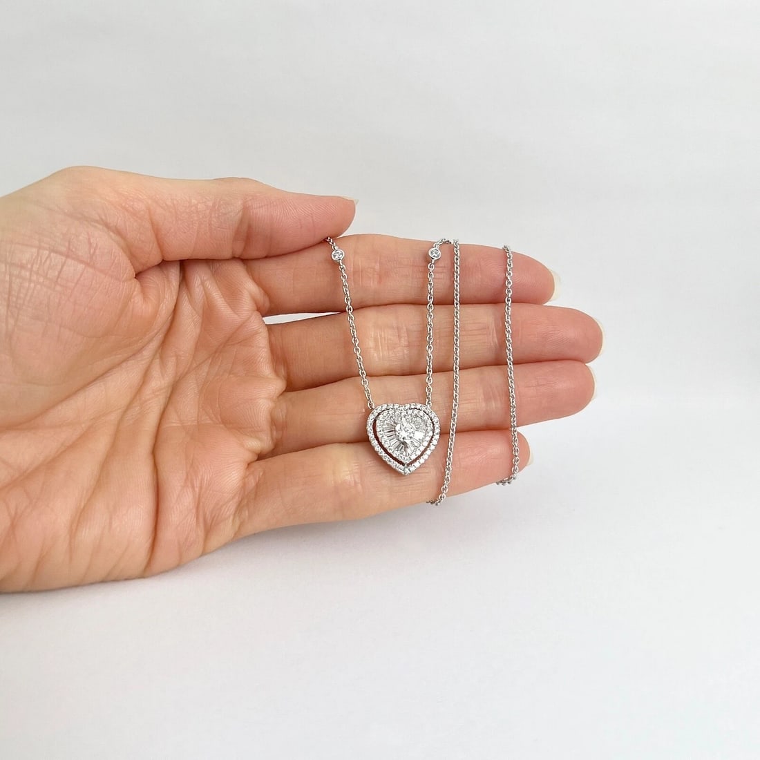 Italian Baguette Diamond Halo Heart Pendant Necklace 18K White Gold, 1.87 CTW - 4