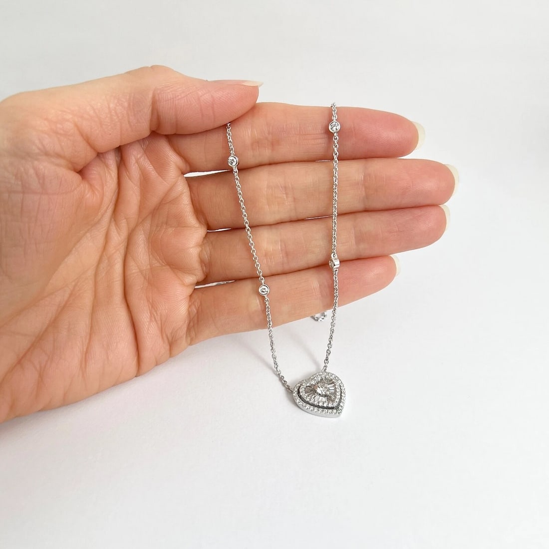 Italian Baguette Diamond Halo Heart Pendant Necklace 18K White Gold, 1.87 CTW - 6