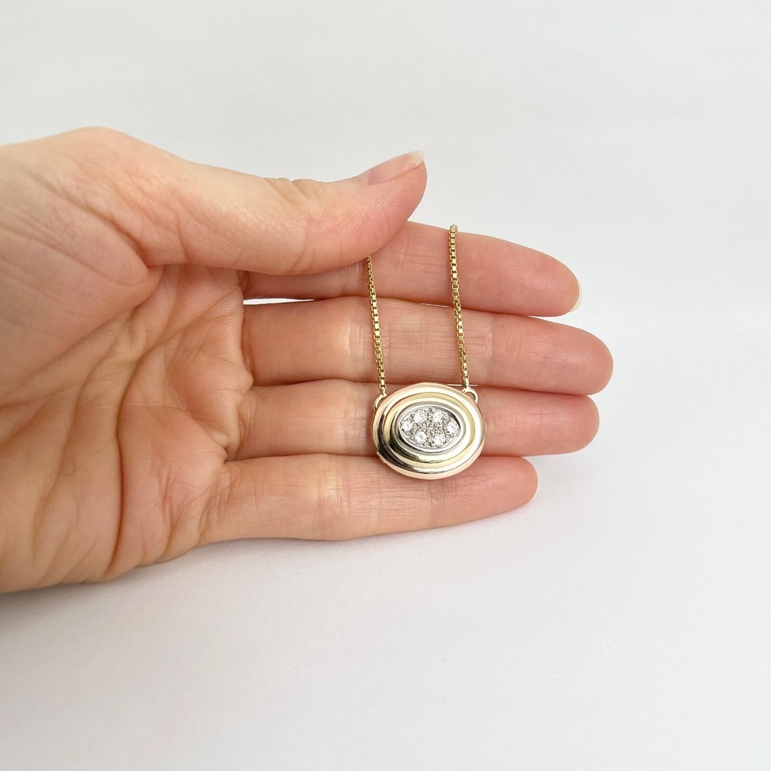 Tri-Color Diamond Cluster Oval Pendant Necklace 18K Yellow Rose Gold, .48 CTW - 4