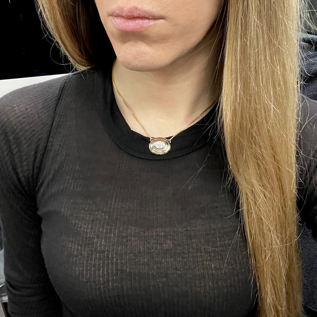 Tri-Color Diamond Cluster Oval Pendant Necklace 18K Yellow Rose Gold, .48 CTW - 5