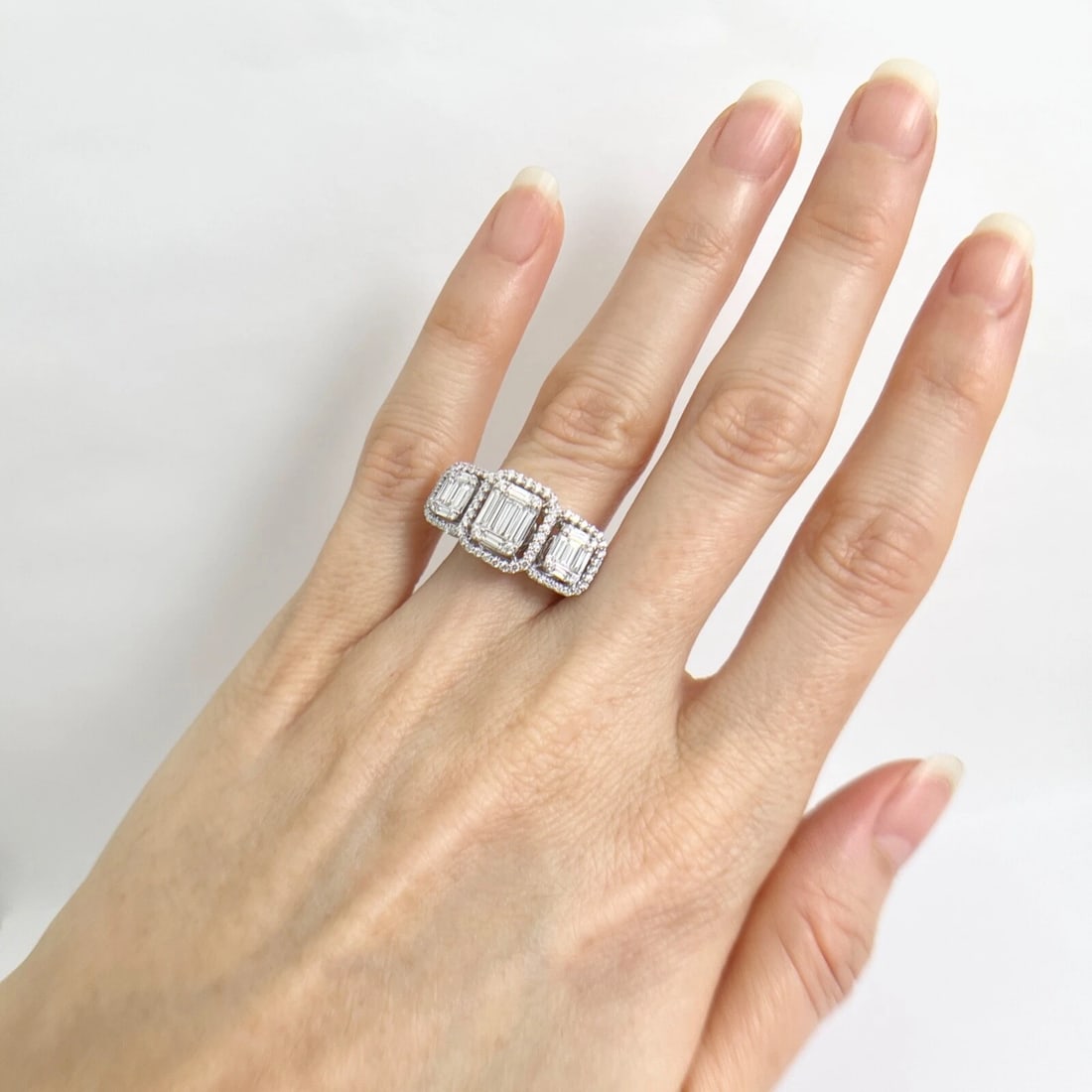 3-Stone Rectangle Diamond Cluster Halo Ring 14K White Gold, 1.65 CTW - 4