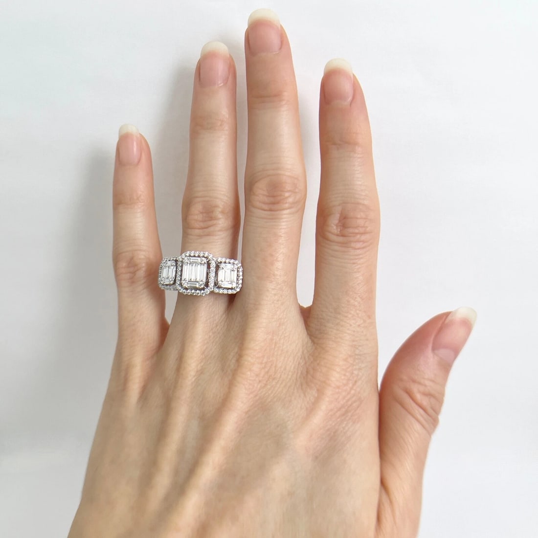 3-Stone Rectangle Diamond Cluster Halo Ring 14K White Gold, 1.65 CTW - 7