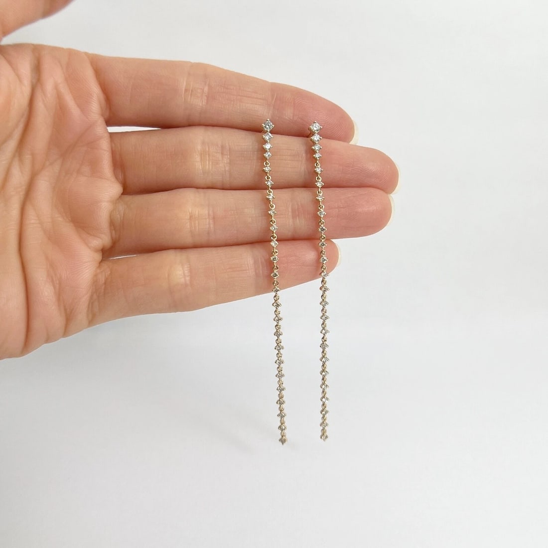 Long Diamond Linear Dangle Drop Hanging Earrings 14K Yellow Gold, 3 Inches - 3