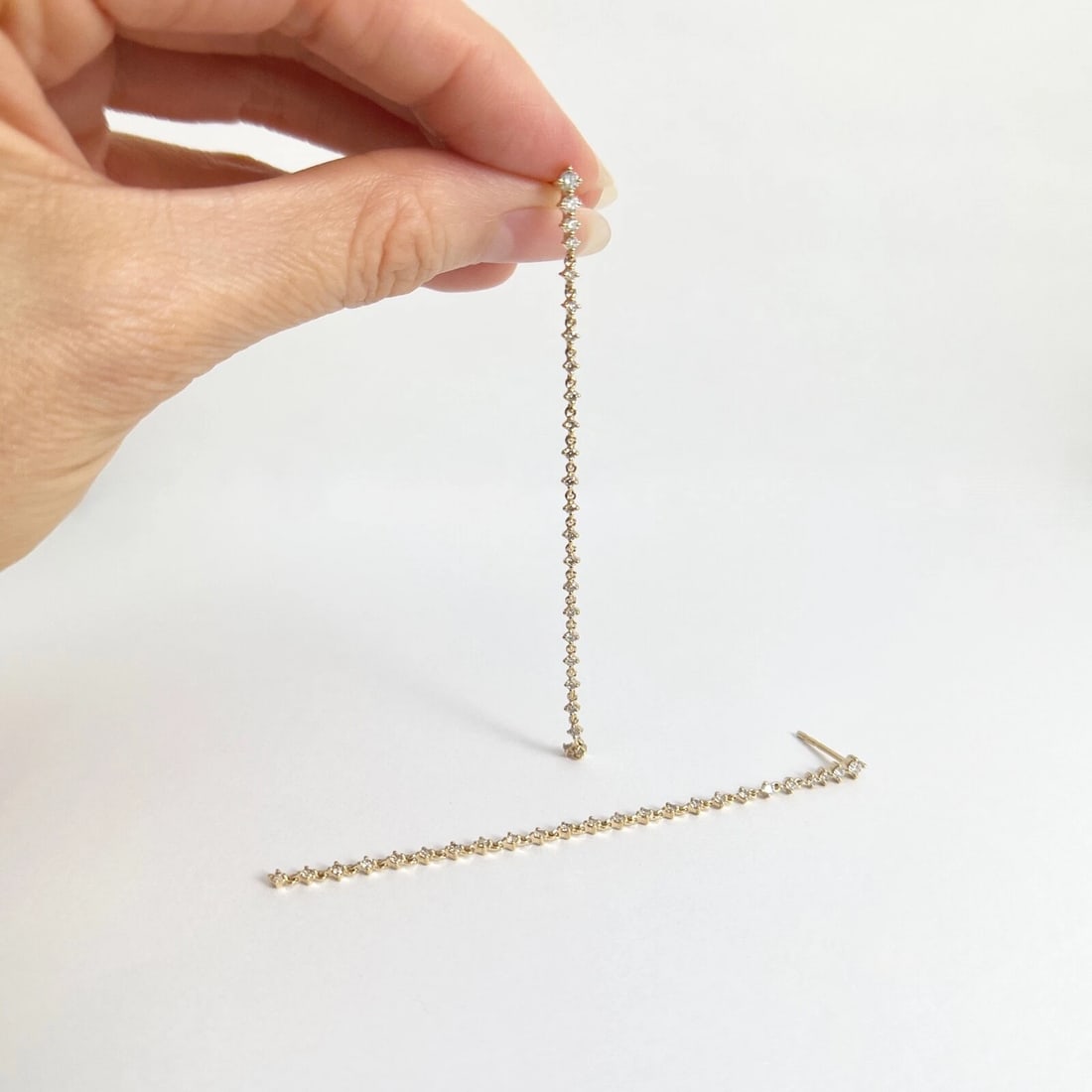 Long Diamond Linear Dangle Drop Hanging Earrings 14K Yellow Gold, 3 Inches - 4