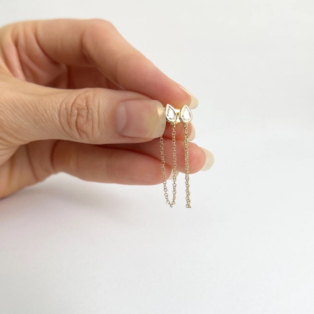 Pear Diamond Bezel Chain Teardrop Dangle Drop Earrings 14K Yellow Gold 1.25 Inch - 4