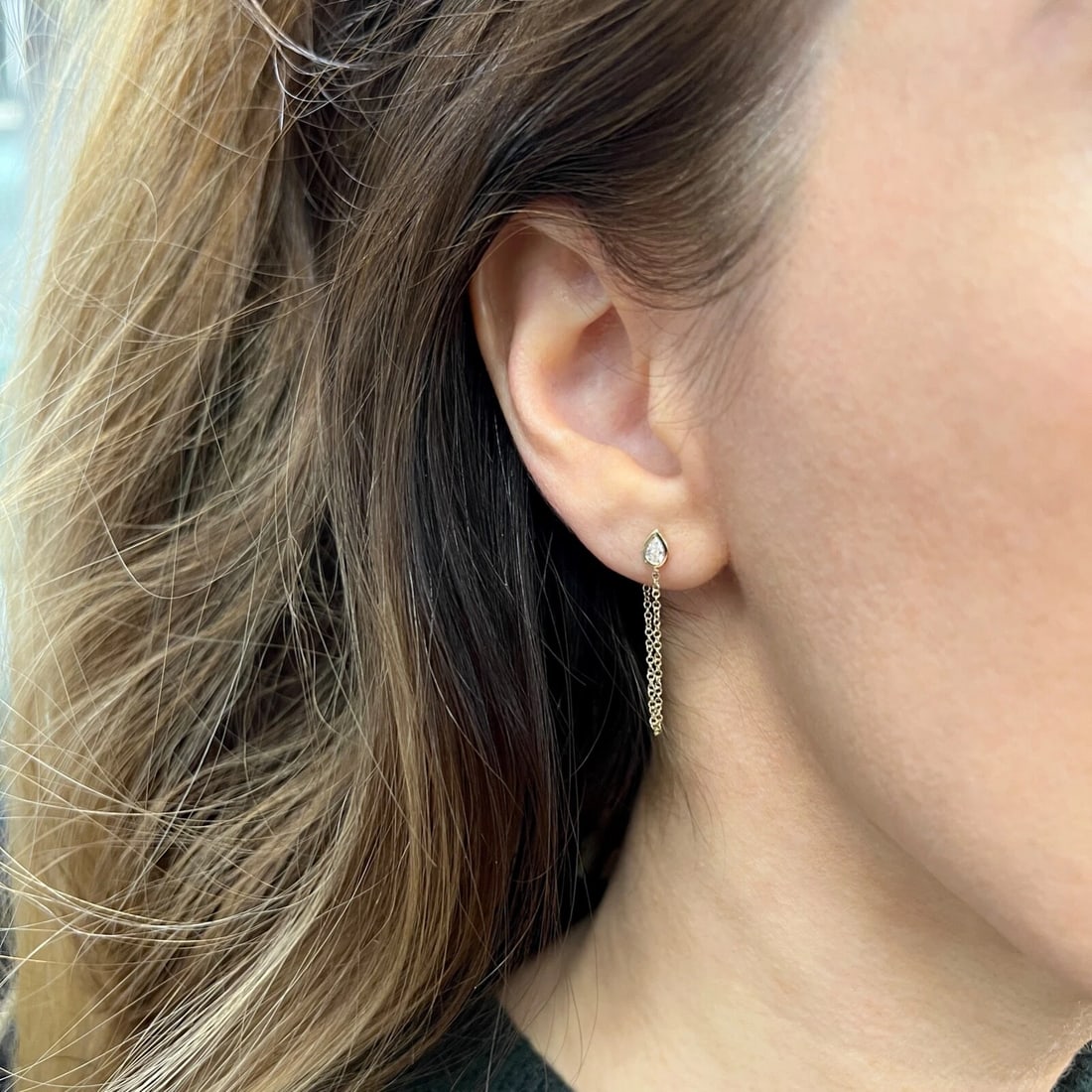 Pear Diamond Bezel Chain Teardrop Dangle Drop Earrings 14K Yellow Gold 1.25 Inch - 6