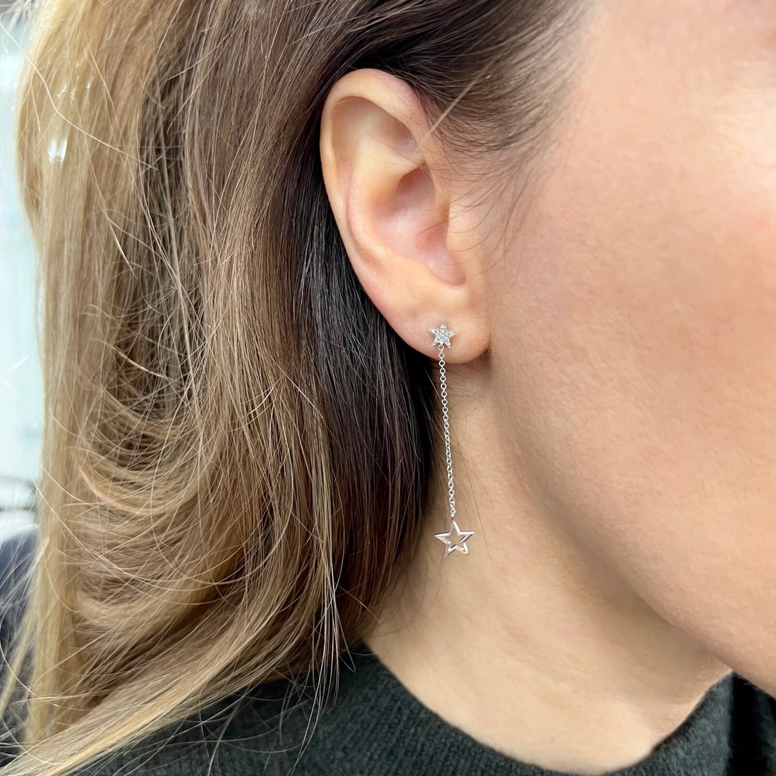 Pave Diamond Star Chain Dangle Drop Hanging Earrings 14K White Gold, 2 Inches - 7