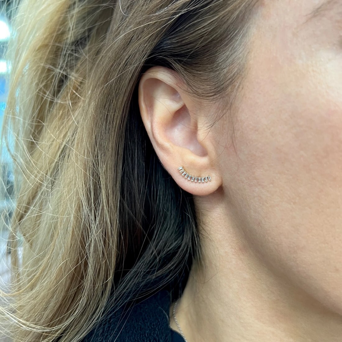 Curved Baguette Diamond Bar Crawler Climber Stud Earrings 14K Yellow Gold .30 TW - 5