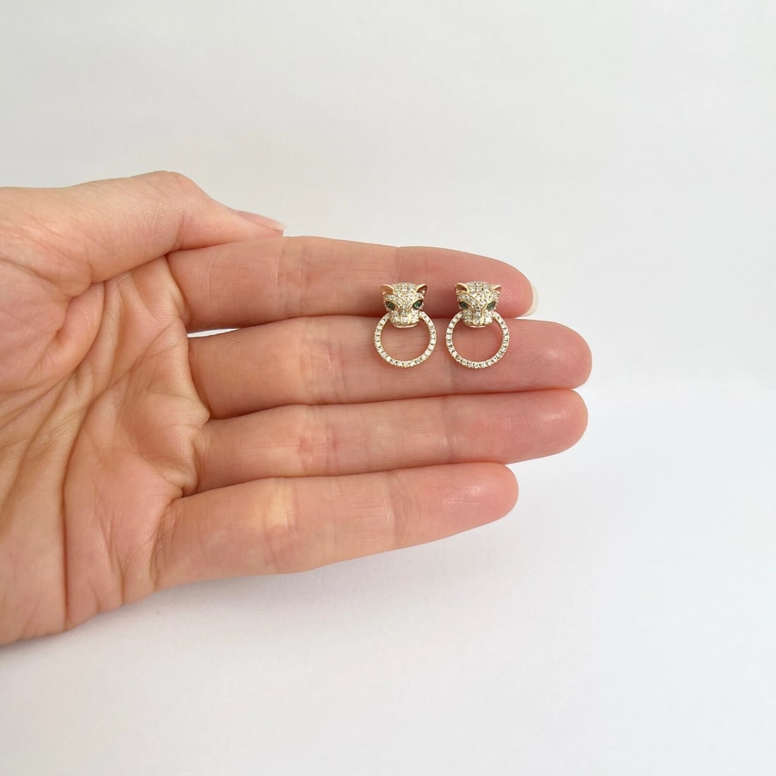 Pave Diamond Emerald Panther Drop Stud Earrings 14K Yellow Gold .57 CTW - 3