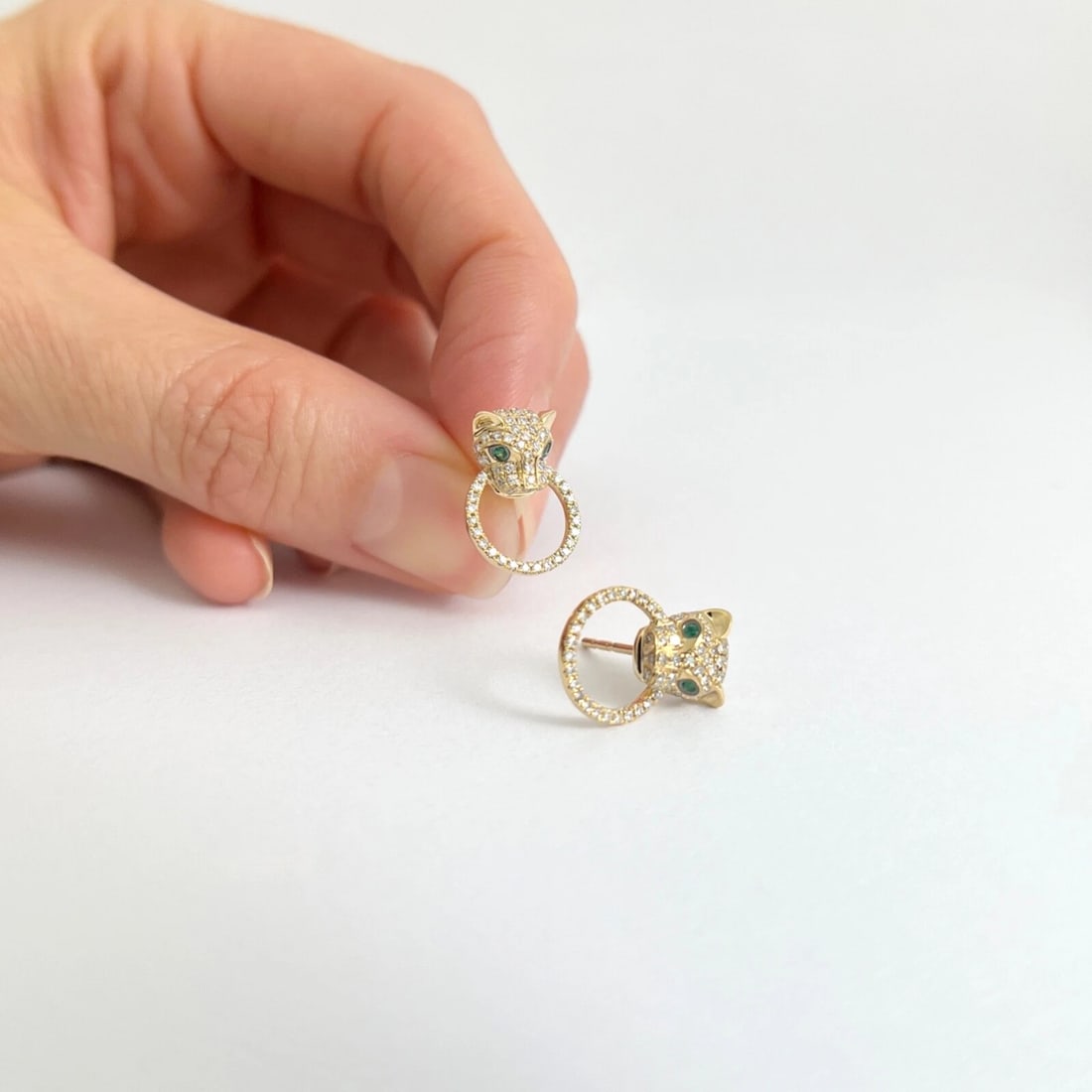 Pave Diamond Emerald Panther Drop Stud Earrings 14K Yellow Gold .57 CTW - 4