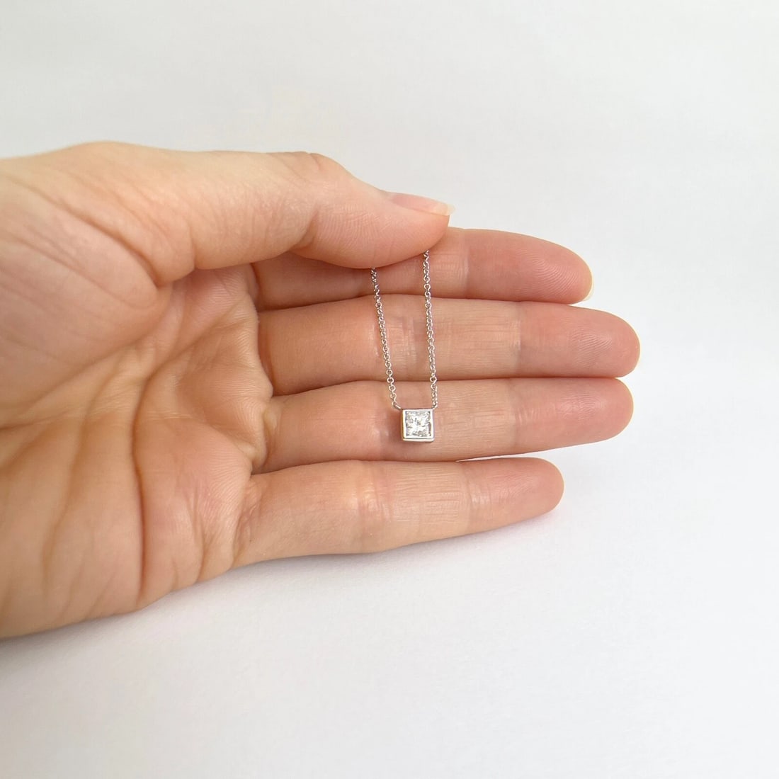 GIA Princess Bezel Solitaire Diamond Pendant Necklace 14K White Gold .50 CT - 4