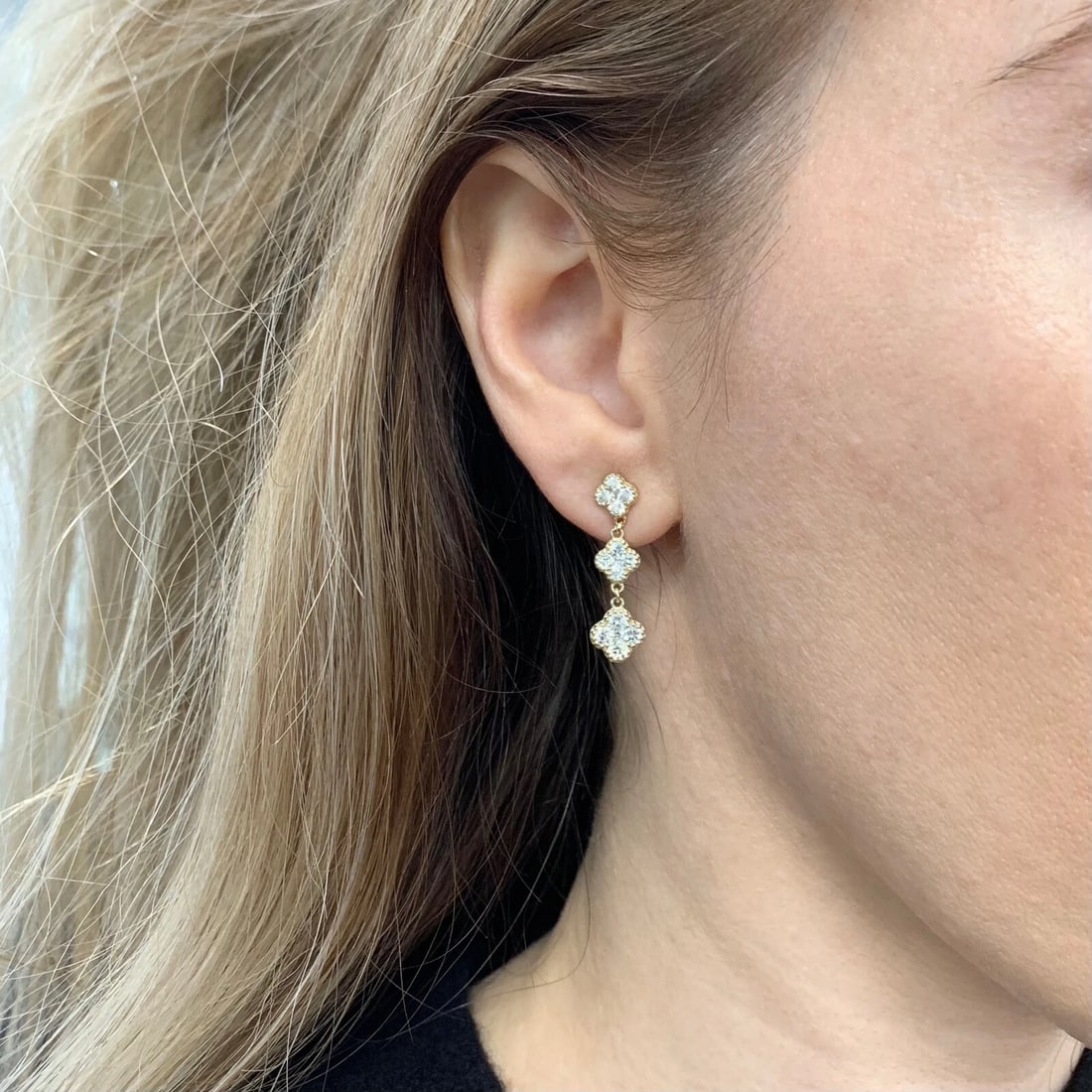 Cluster Diamond Clover Dangle Drop Earrings 14K Yellow Gold, 1.75 CTW - 5