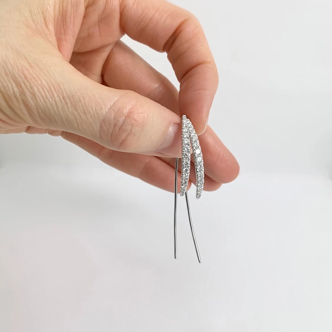 Long Diamond Drop Hook Earrings 18K White Gold .76 CTW - 4