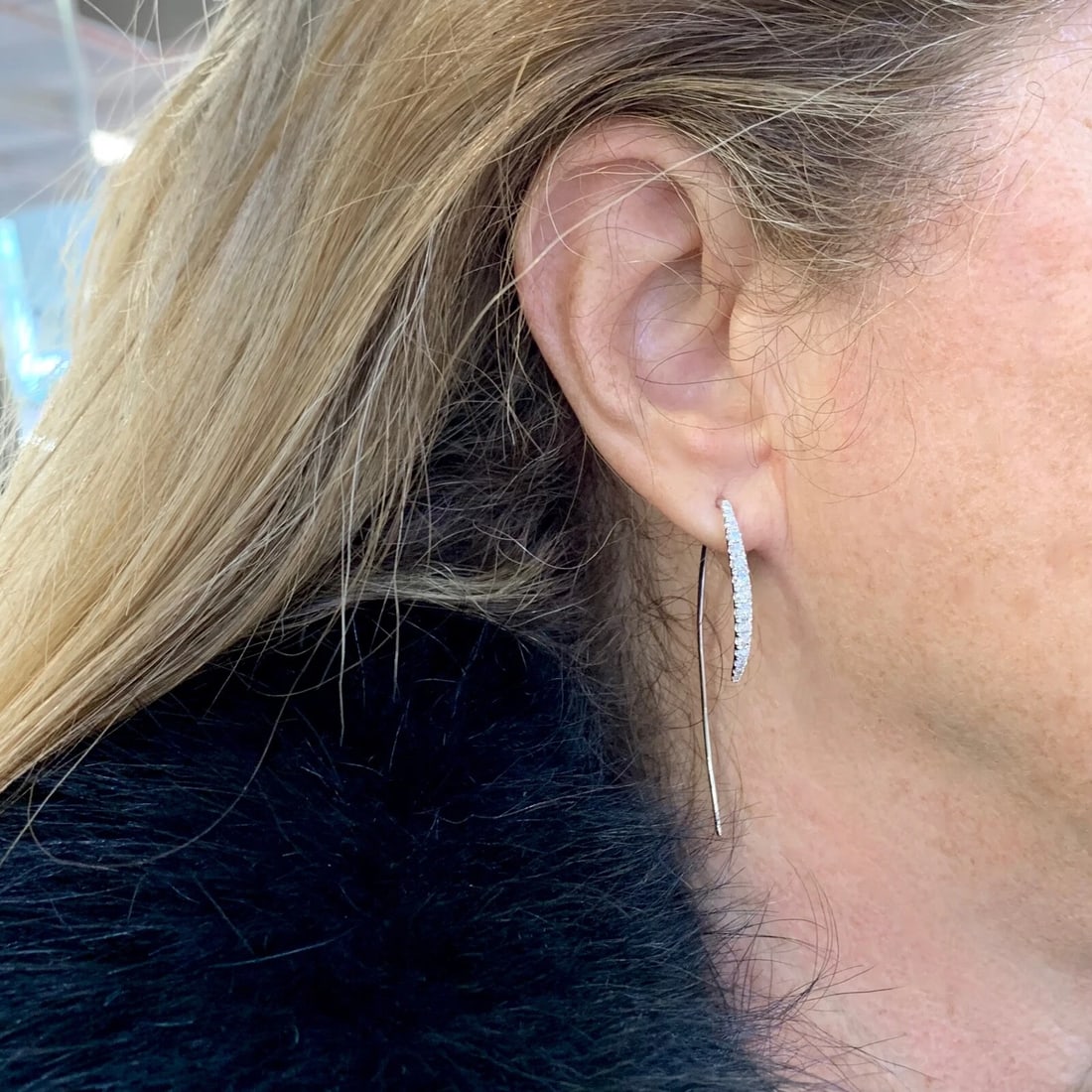 Long Diamond Drop Hook Earrings 18K White Gold .76 CTW - 5