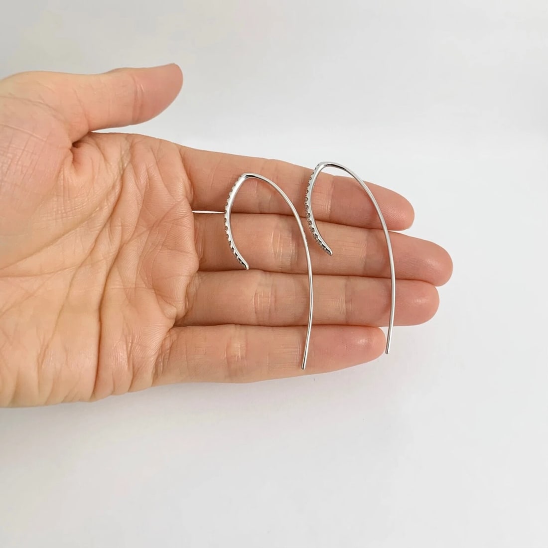 Long Diamond Drop Hook Earrings 18K White Gold .76 CTW - 7