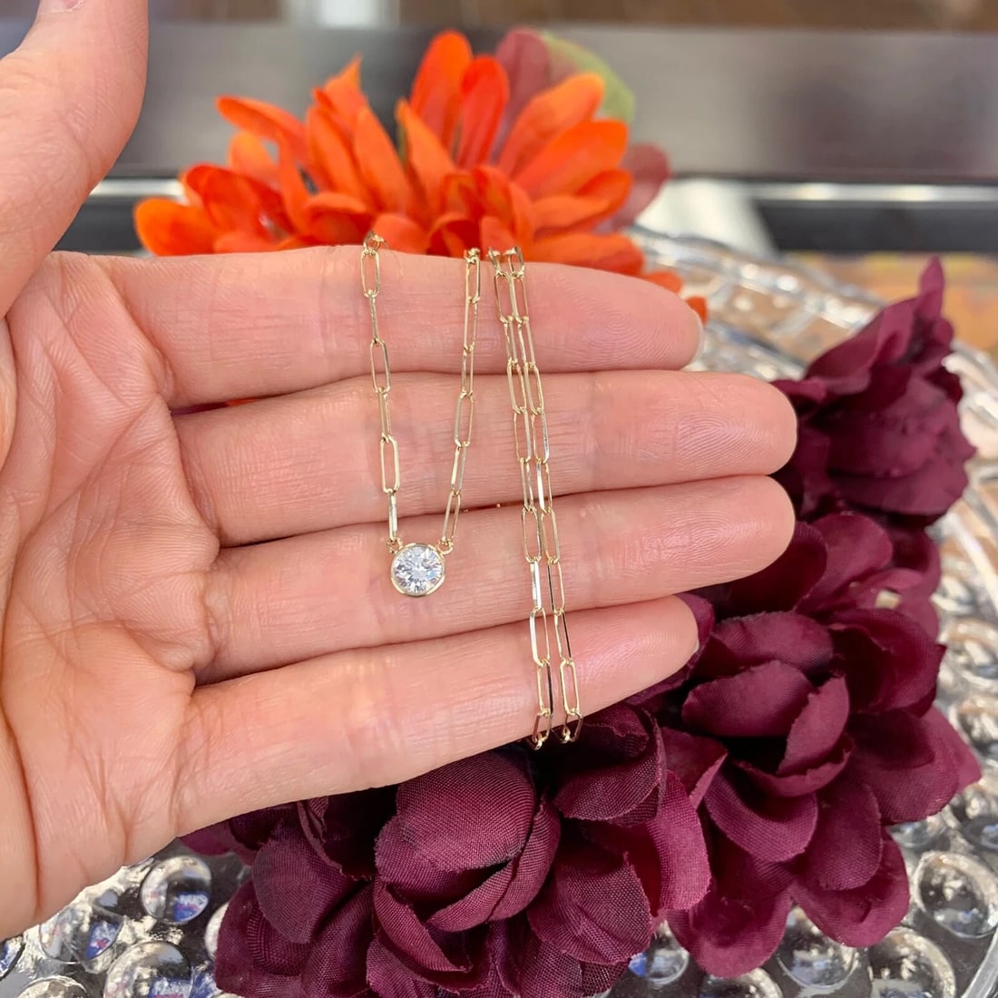 GIA Round Bezel Solitaire Diamond Paperclip Necklace 14K Yellow Gold .50 CT - 3