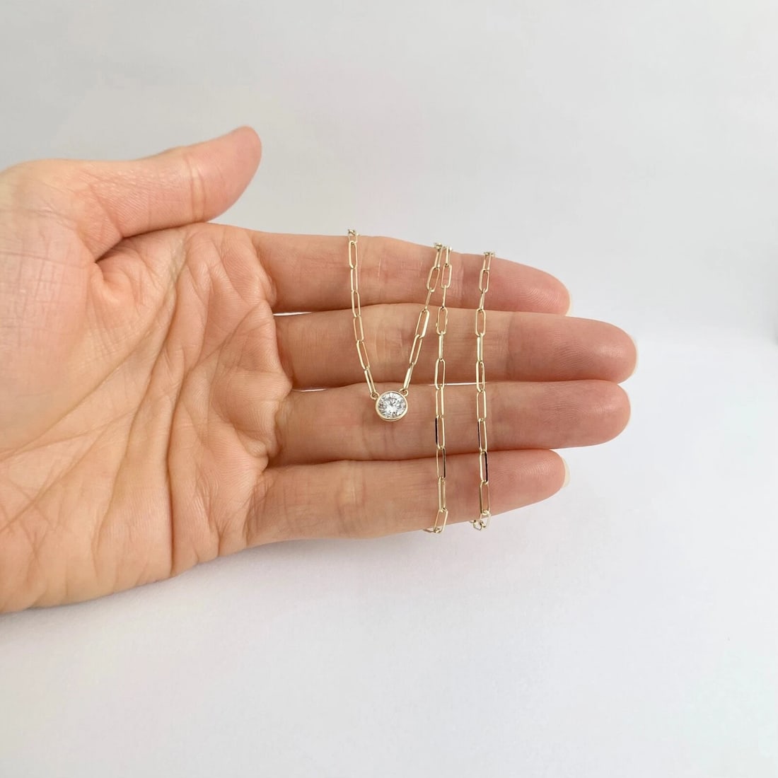 GIA Round Bezel Solitaire Diamond Paperclip Necklace 14K Yellow Gold .50 CT - 5